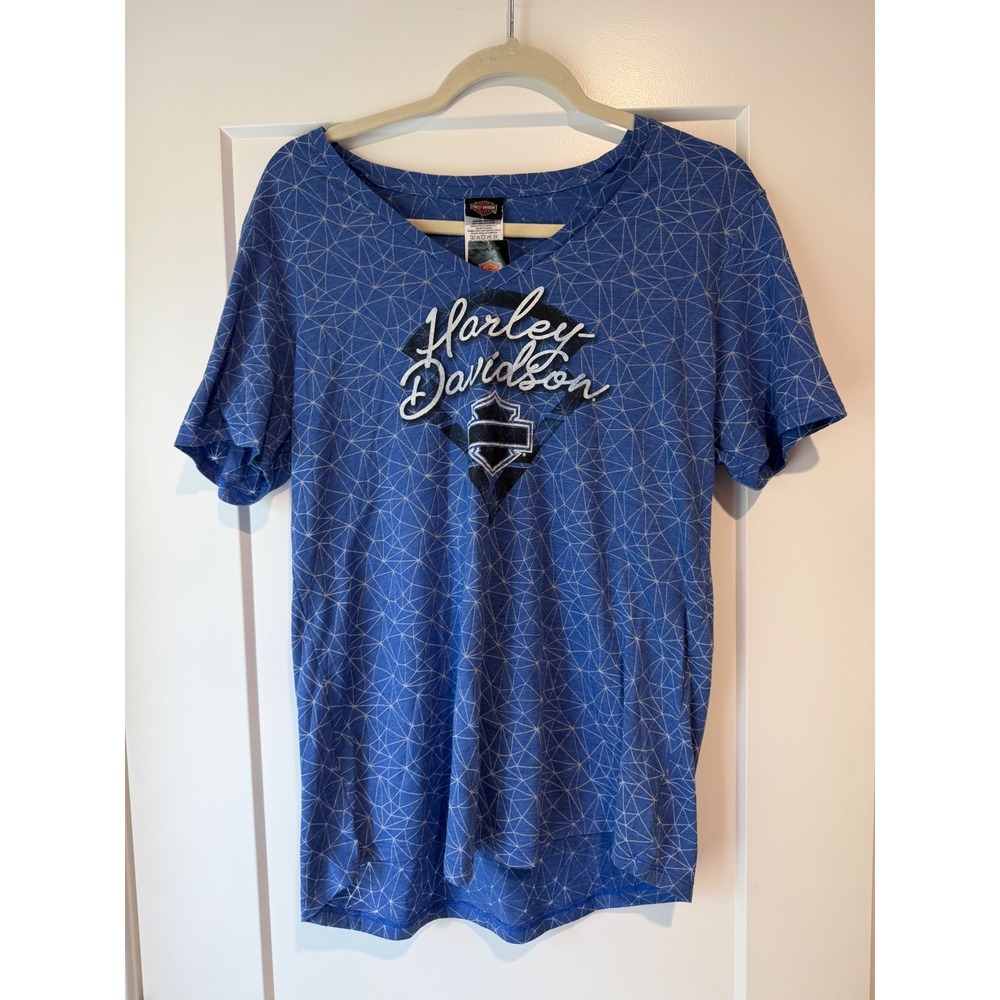 Harley Davidson Womens Large Blue Geometric V-Neck T-Shirt El Paso Texas NWT